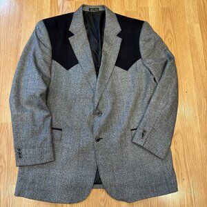 Circle S Western Sport Coat 48L Wool Blend Gray Black Suede Yoke Blazer